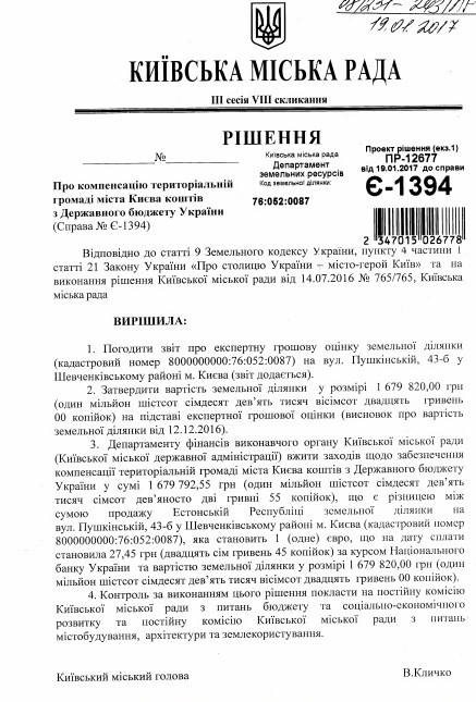 Киевсовет напомнит правительству о долге за эстонское посольство