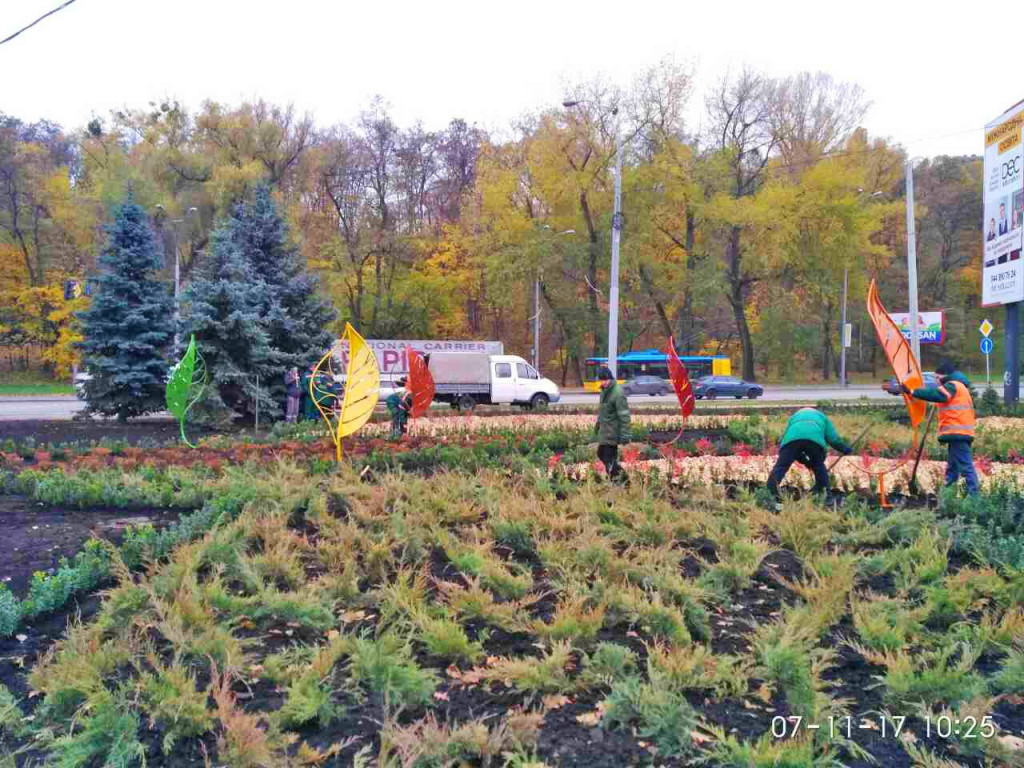 На столичном Печерске площадь украшают листьями выше человеческого роста (фото)