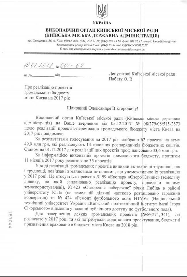 В 2017 году из 62 проектов-победителей “Общественного бюджета” Киева реализовано только 35