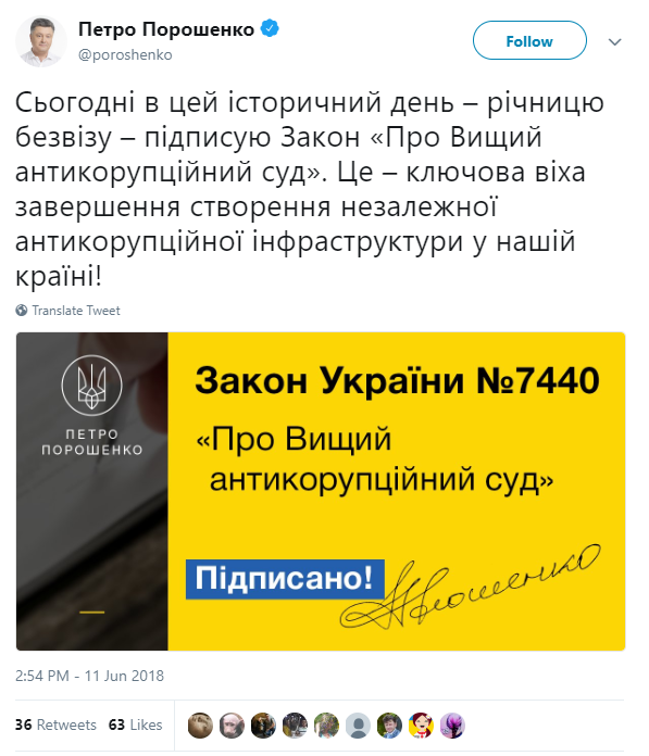 Порошенко подписал закон “О Высшем антикоррупционном суде”