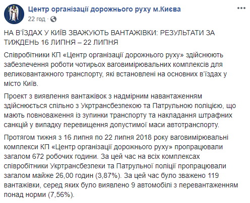 За неделю на въездах в Киев было выявлено 9 грузовиков с перегрузом