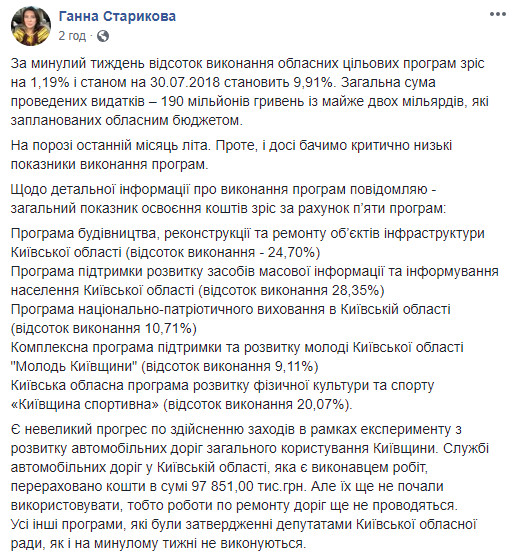 За неделю на 1,19% были выполнены областные целевые программы Киевщины