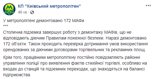 В метрополитене Киева демонтировали 172 МАФа