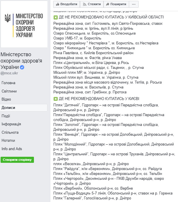 Минздрав опубликовал список не рекомендованных для купания пляжей Киева и Киевской области