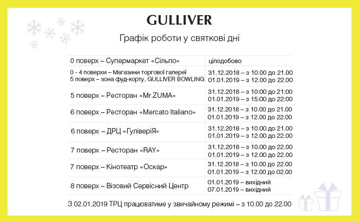 ТРЦ Gulliver в праздничные дни изменит свой график работы (график)