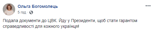 Богомолец подала в ЦИК документы для регистрации кандидатом в президенты Украины