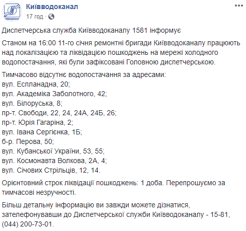 До вечера жители домов на 10 улицах Киева останутся без холодной воды