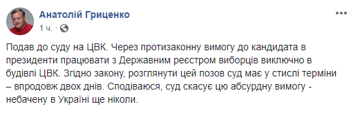 Гриценко подал в суд на ЦИК (документ)