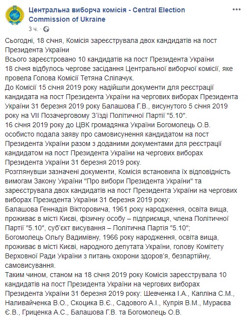 ЦИК зарегистрировала Балашова и Богомолец кандидатами в президенты Украины