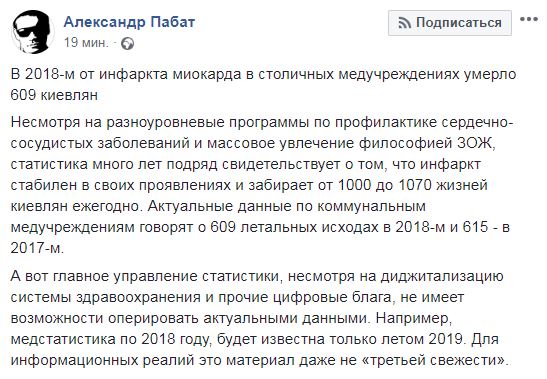 В коммунальных больницах Киева в 2018 году от инфаркта миокарда умерло 609 больных