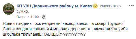 Неизвестные разгромили сквер в Дарницком районе Киева