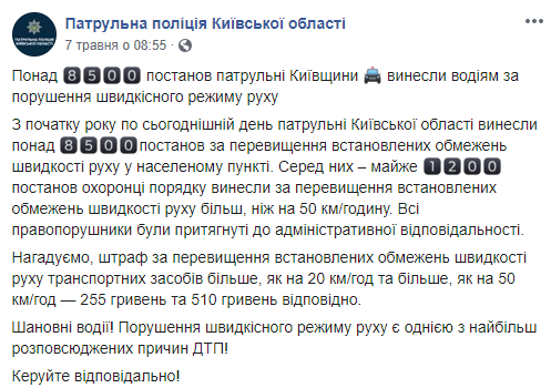 С начала года на Киевщине за превышение скорости в населенном пункте вынесено более 8,5 тысяч постановлений