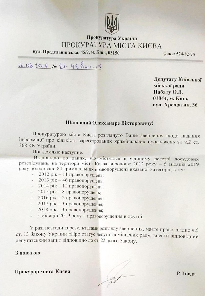 В Киеве в этом году не зарегистрировано ни одного криминального производства по делу о взятке в особо крупном размере (документ)