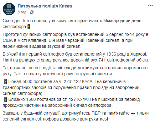 С начала года патрульные Киева вынесли более 6,5 тысяч протоколов за движение на запрещающий сигнал светофора