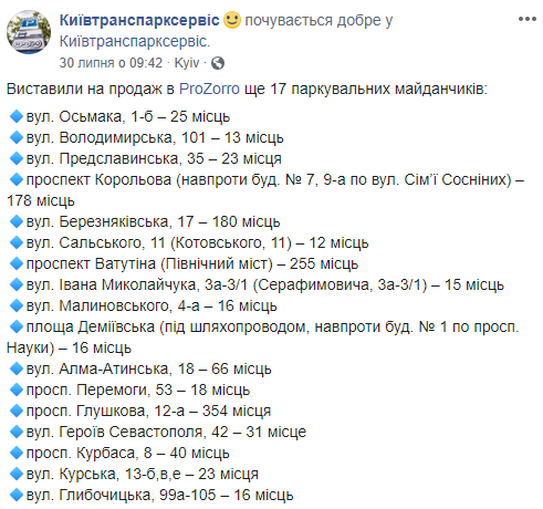 В Киеве продадут с аукциона право эксплуатации еще 17 парковок (список адресов)