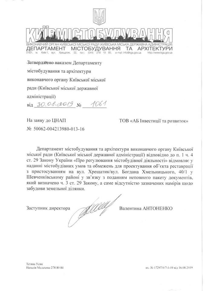 Власти Киева отказали в предоставлении ГУО на проект реставрации Центрального гастронома (документ)