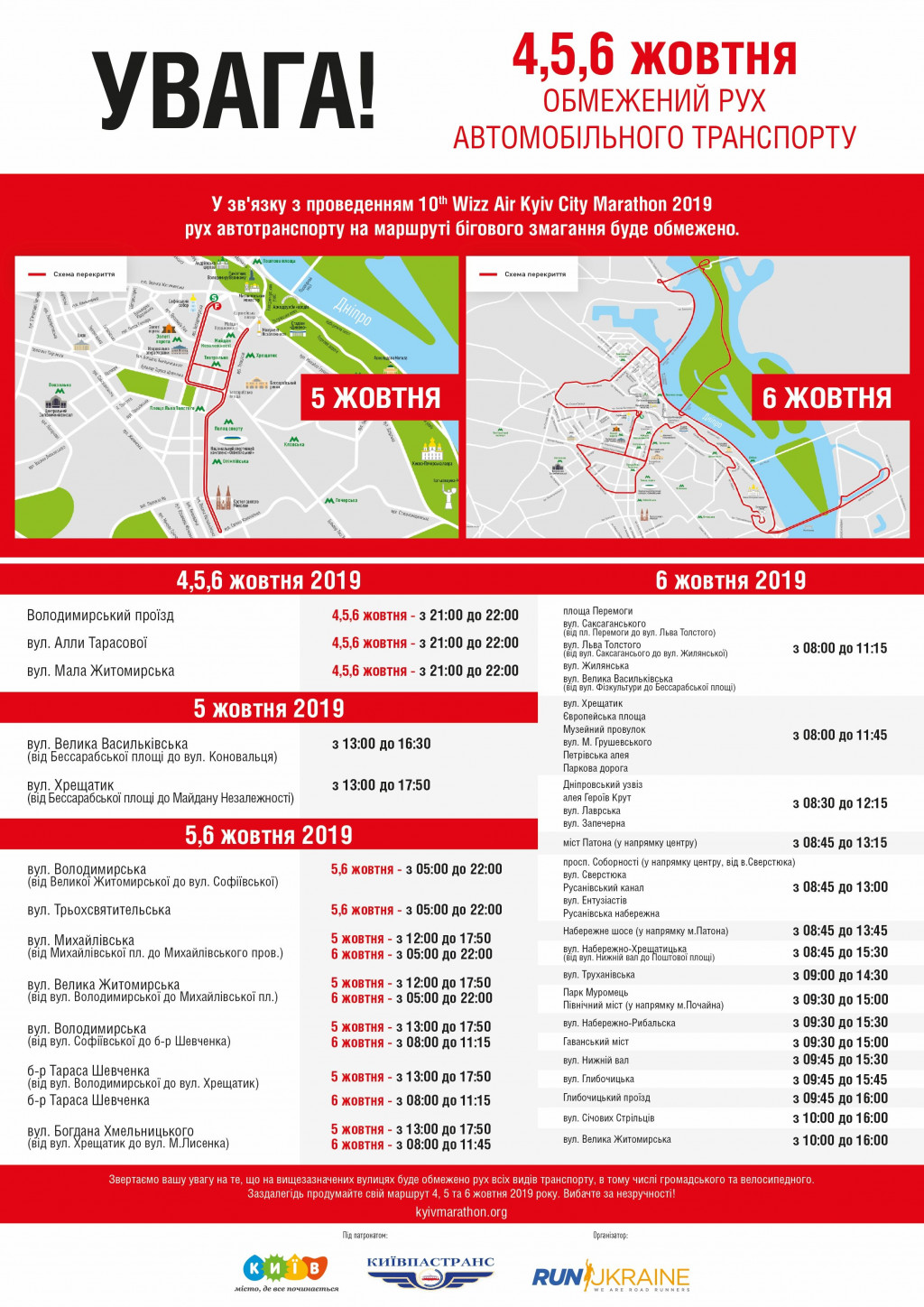 До конца недели, 4-6 октября, из-за марафона в центре Киева будут перекрывать около 40 улиц и 3 моста (схемы)
