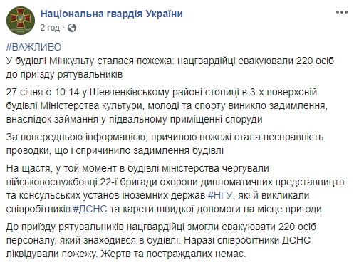 Пожар в здании Минкульта в Киеве мог возникнуть из-за неисправной проводки, - Нацгвардия (фото, видео)