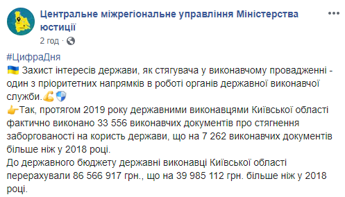 Исполнительная служба Киевщины в 2019 году пополнила бюджет более чем на 86 млн гривен