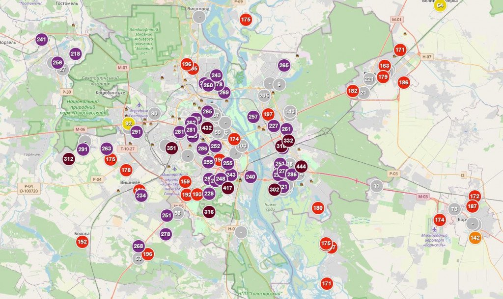 Независимый экомониторинг показывает превышение допустимого загрязнения воздуха в Киеве до 8 раз (карта)