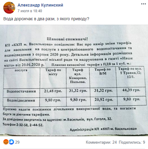 Подвійний тариф: жителі Василькова не дали підвищити ціни на водопостачання