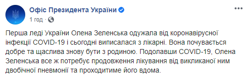 Жена президента Елена Зеленская выздоровела от коронавируса