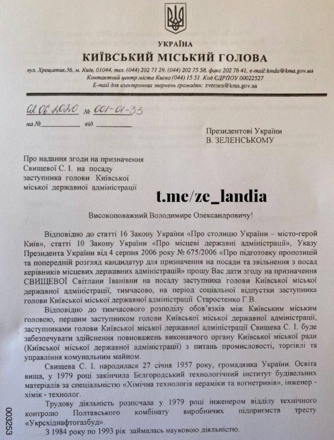 Кличко попросил Зеленского одобрить кандидатуру Светланы Свищевой на должность зампредседателя КГГА (документ)