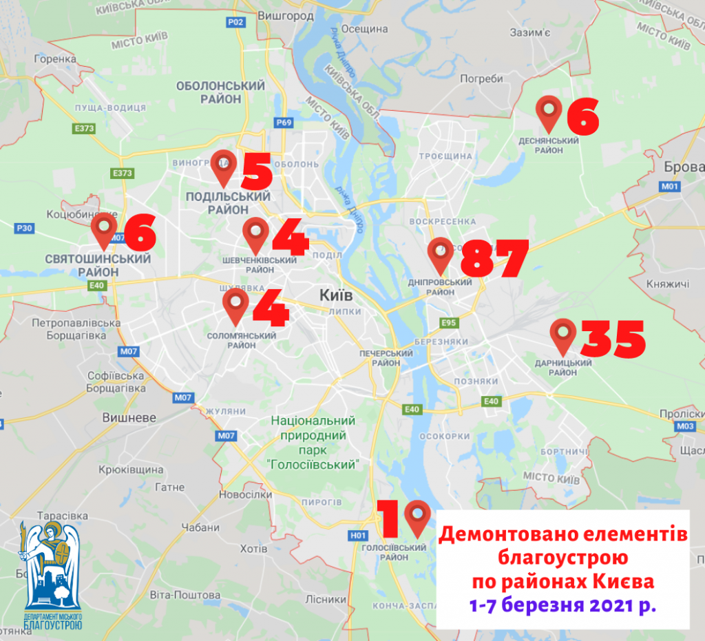 За первую неделю марта в Киеве демонтировали почти полторы сотни элементов благоустройства