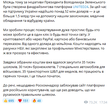 Через платформу United24 на підтримку України зібрали вже понад 52 мільйона доларів