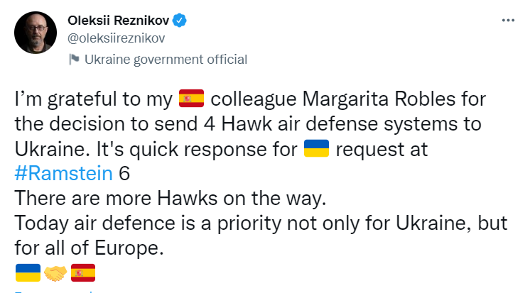 Іспанія відправить в Україну чотири системи ППО Hawk