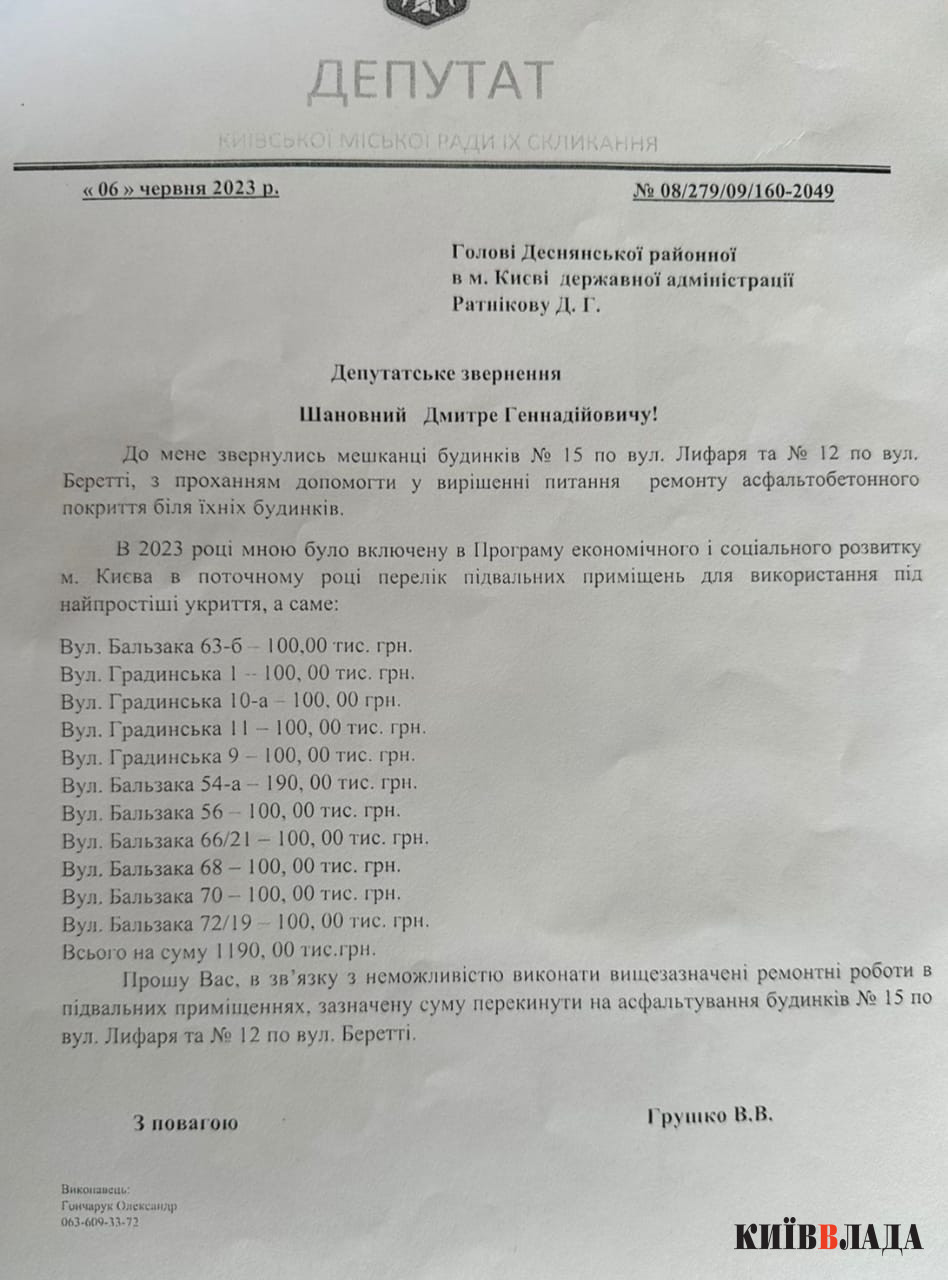 Депутати Київради просять голову Деснянської РДА перекинути гроші з обладнання укриттів на ремонт дахів та асфальтування