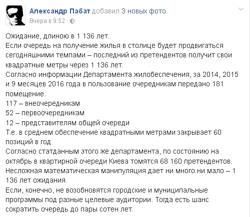 Пабат: Желающим получить квартиру в Киеве придется потомиться в очереди 1 136 лет