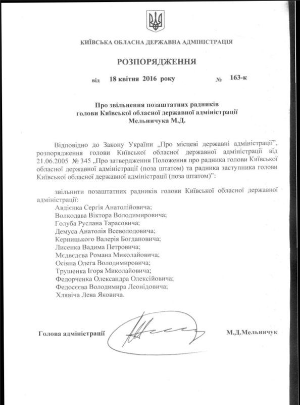 Губернатор Киевщины Мельничук уволил двенадцать советников