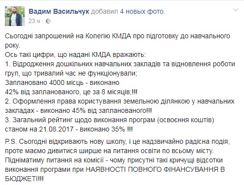 Средства на образовательные программы в Киеве освоены всего на 35%, - депутат Киевсовета Васильчук