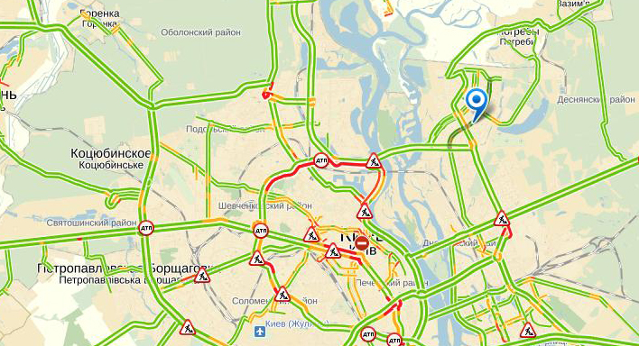 В Киеве пробки 3 балла. Загружена ул. Телиги и просп. Московский