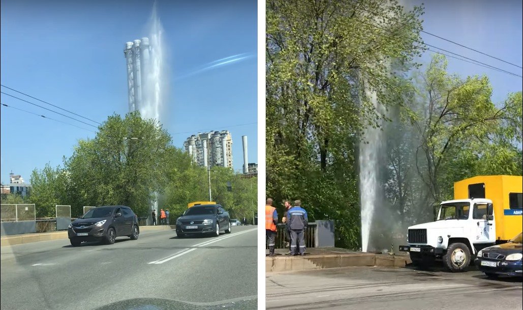 Из-за прорыва водопровода около железнодорожного вокзала в Киеве забил многометровый фонтан (видео)