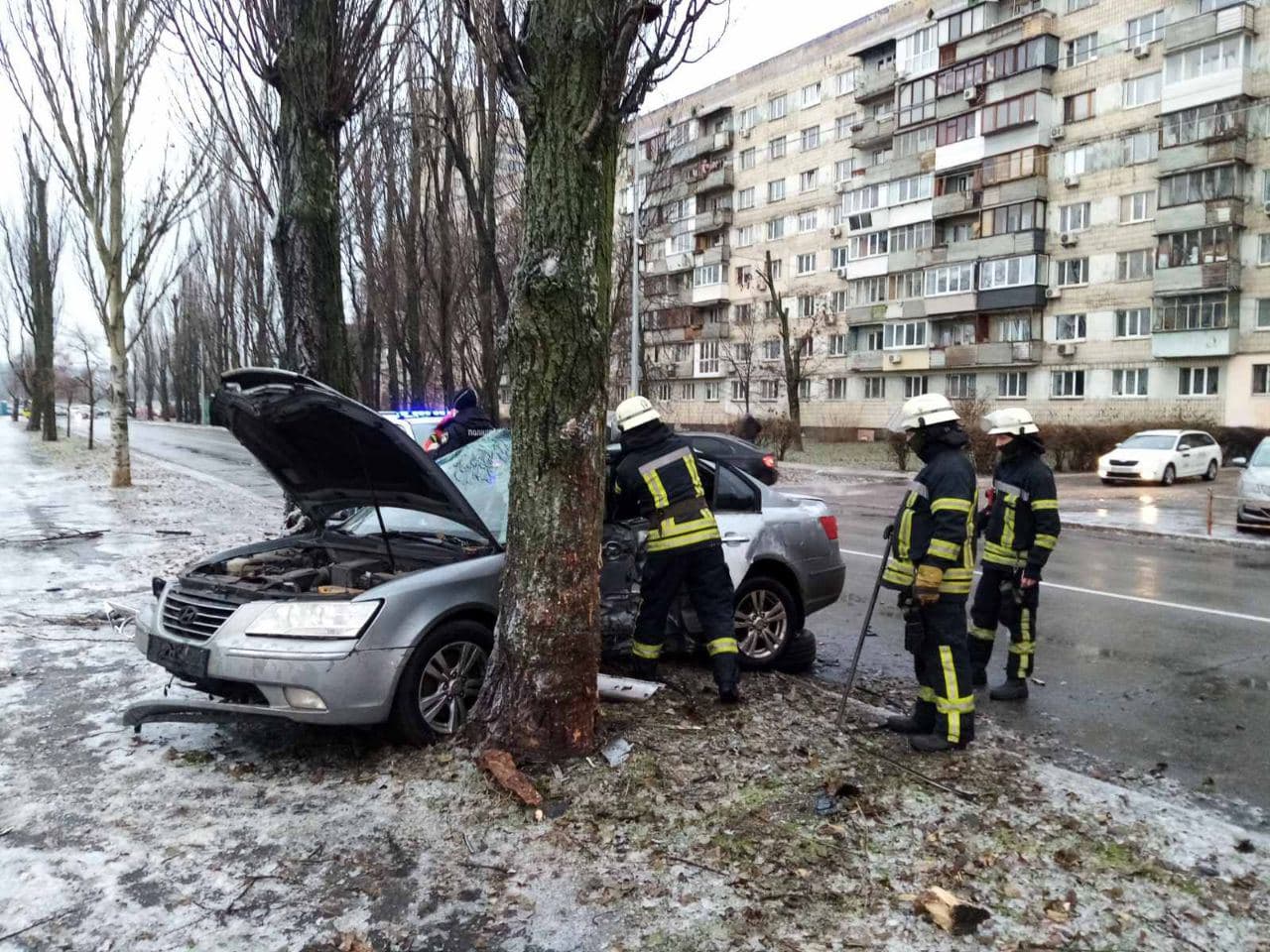 На Русановке водитель погиб в результате столкновения автомобиля с деревом (фото, видео)