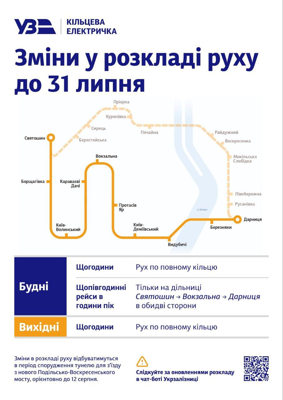 Київська кільцева електричка до кінця липня курсуватиме за оновленим графіком