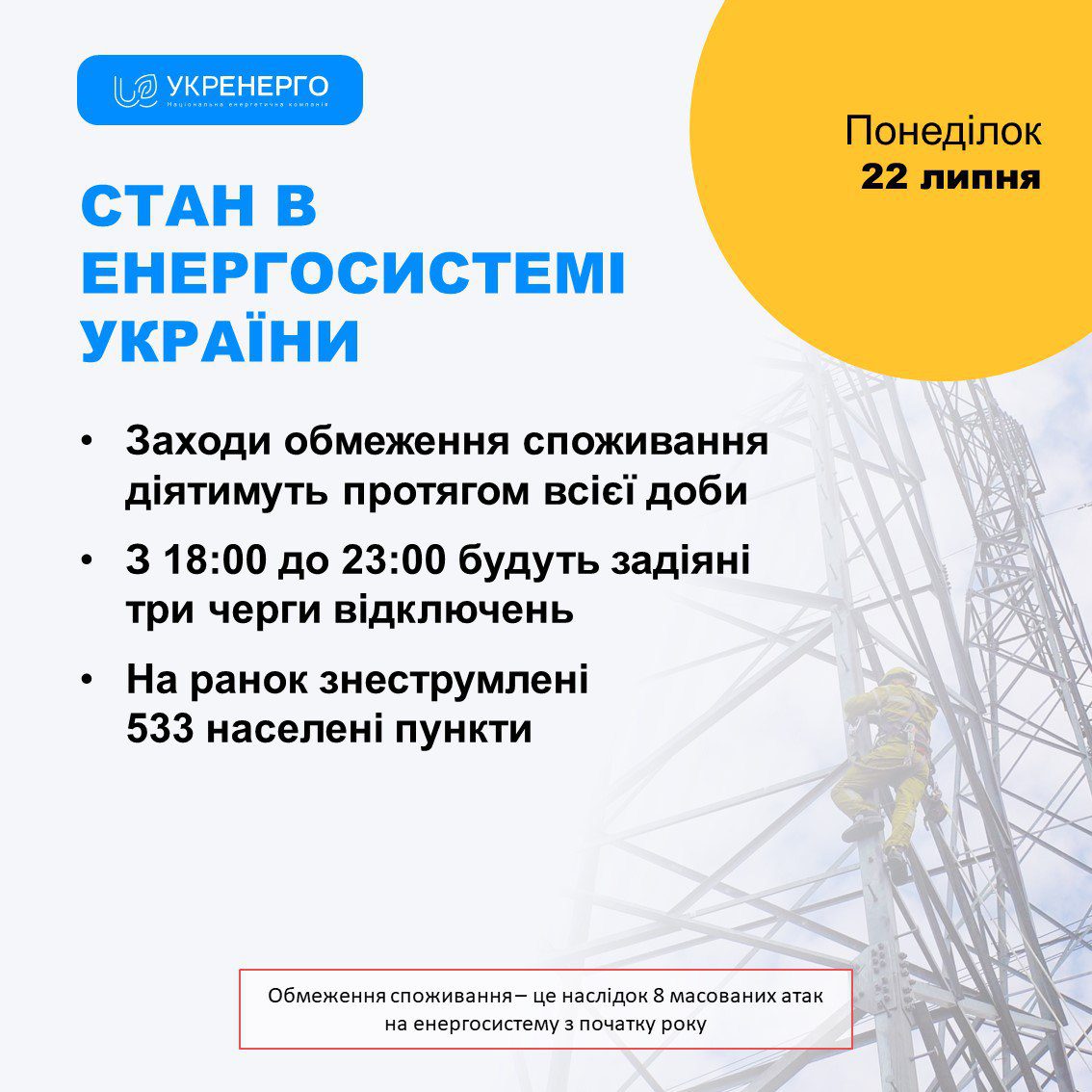 Ввечері збільшиться обсяг відключень світла — Укренерго