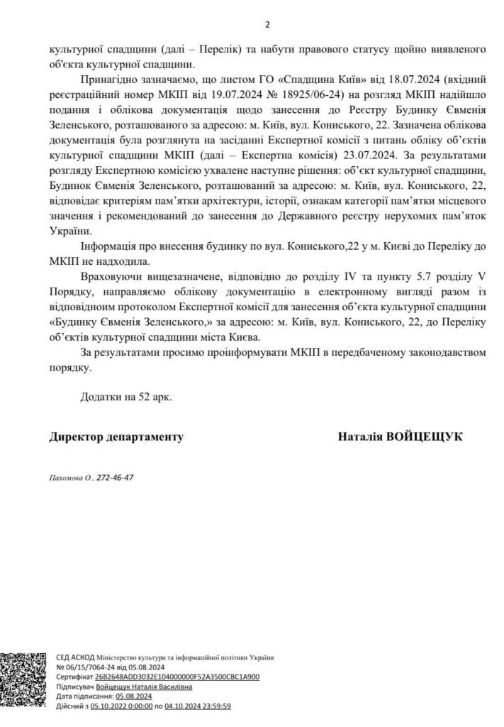 Мінкульт зобовʼязав Департамент культспадщини КМДА внести садибу Зеленських до Переліку памʼяток міста, - Перов