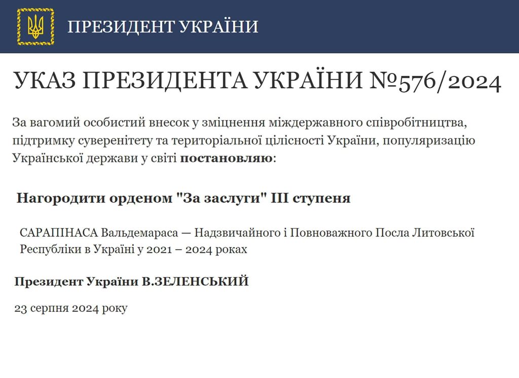 Зеленський нагородив Посла Литви в Україні орденом за підтримку України