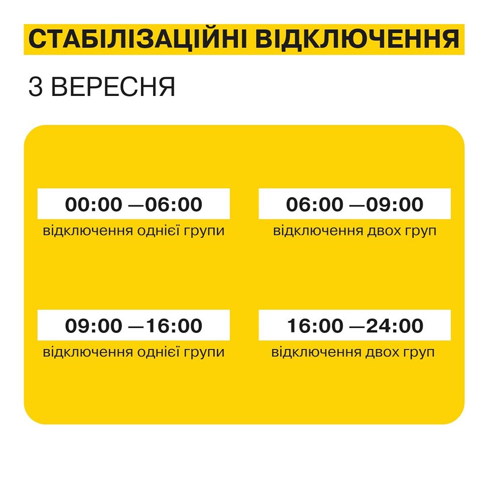 У Києві завтра, 3 вересня, стабілізаційні відключення в електроспоживанні будут діяти впродовж всієї доби