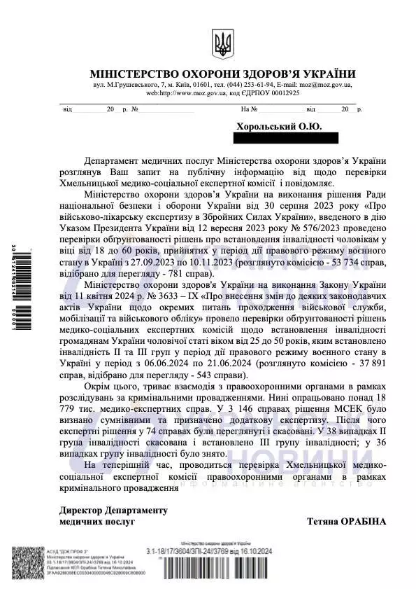 МОЗ скасувало висновки про інвалідність 74 військовозобов'язаним після перевірки Хмельницької МСЕК