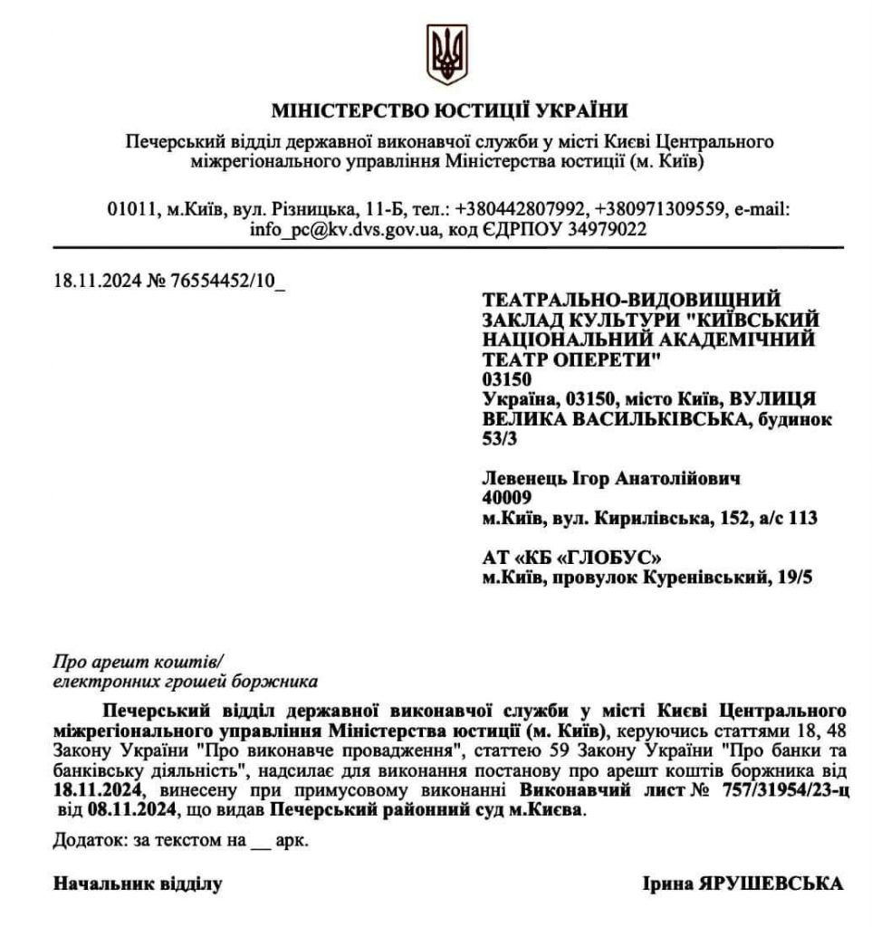 Через невиконання рішення суду арештовано рахунки Київського театру оперети