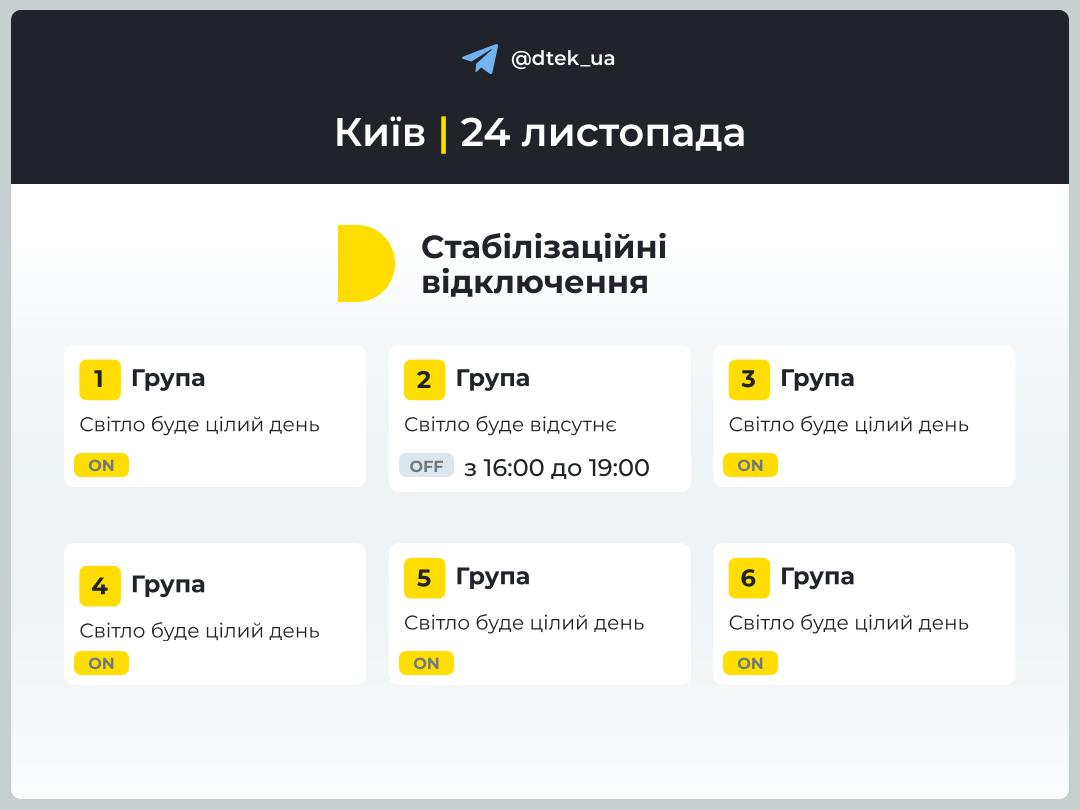 У неділю, 24 листопада, відключення світла почнуться з 14 години (графіки)