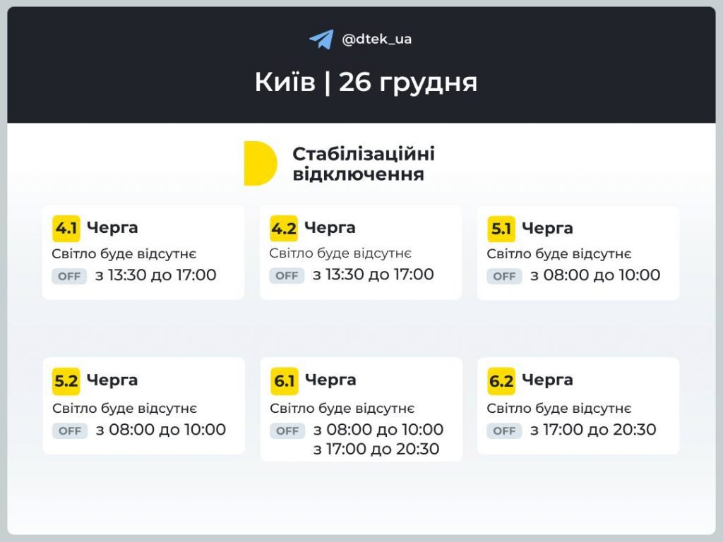 Сьогодні, 26 грудня, в Києві та області діють стабілізаційні відключення світла