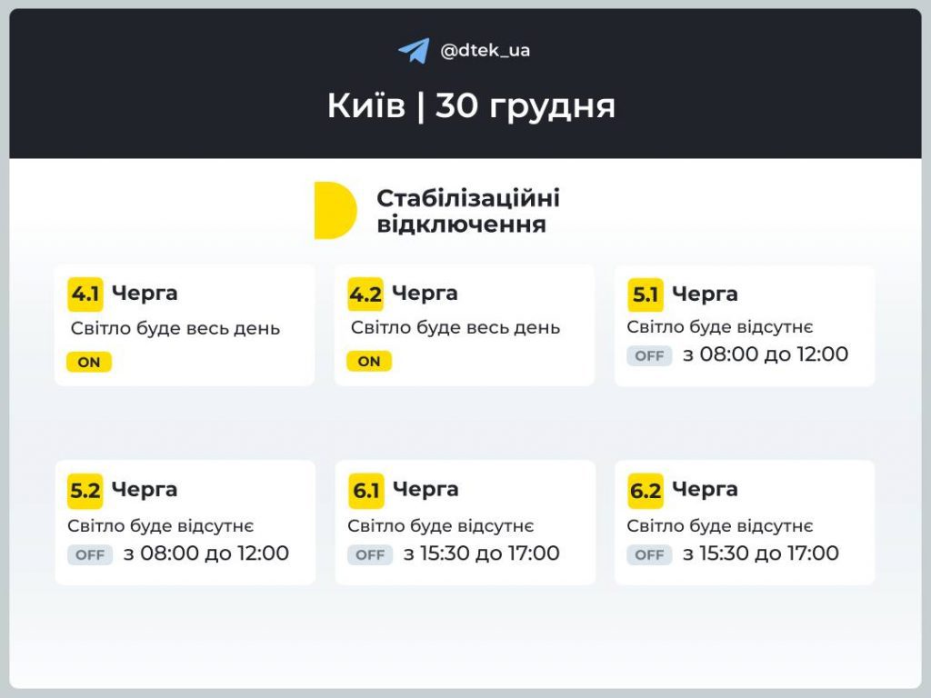 У Києві та області сьогодні, 30 грудня, діють стабілізаційні відключення