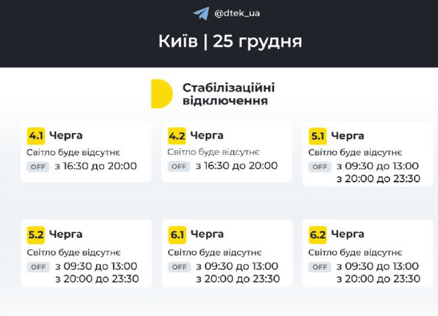 Укренерго: 25 грудня відключення електроенергії будуть до кінця доби