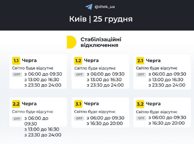 Укренерго: 25 грудня відключення електроенергії будуть до кінця доби