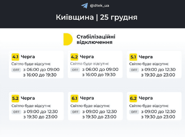 Укренерго: 25 грудня відключення електроенергії будуть до кінця доби